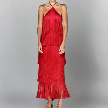 Women's Dress - Halterneck - Sleeveless - Ruffle Layer with Fringes - Elegant Party Look