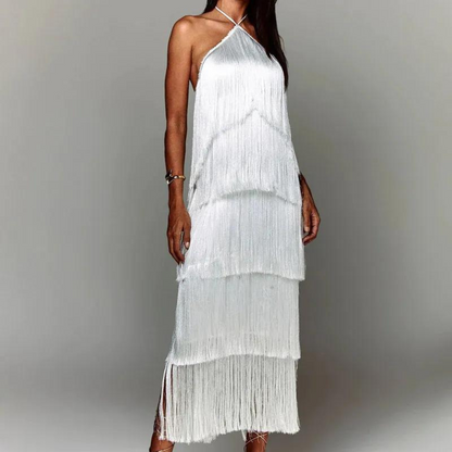 Women's Dress - Halterneck - Sleeveless - Ruffle Layer with Fringes - Elegant Party Look