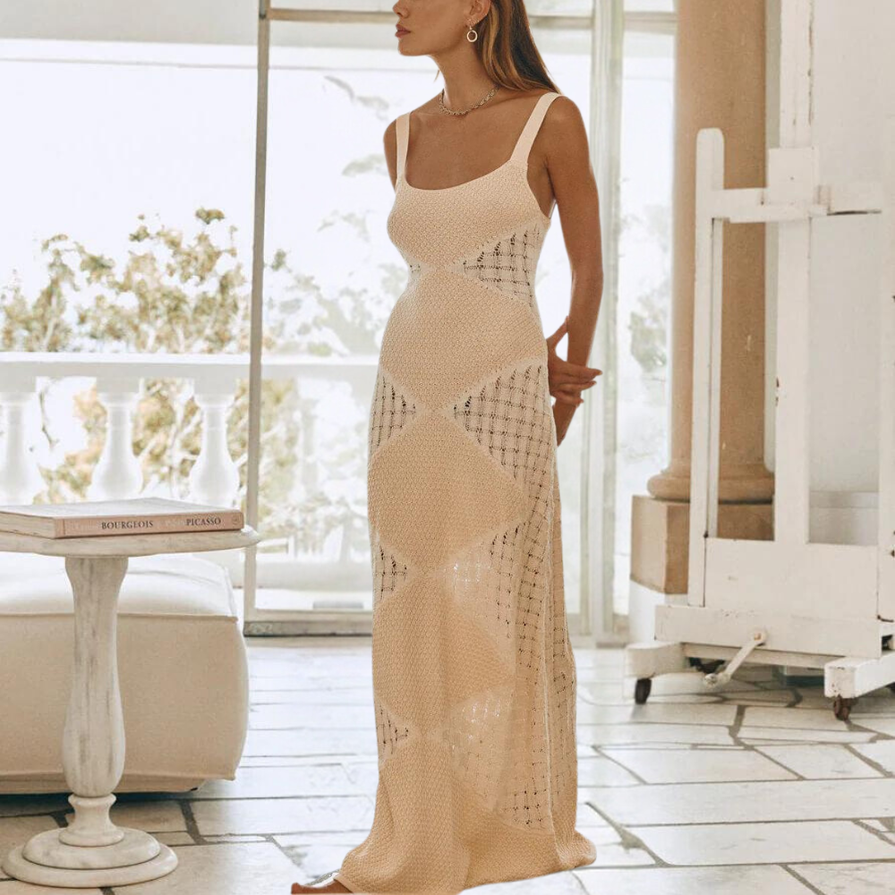 Women's Maxi Dress - Crocheted Design - Long Airy Fit - Square Neckline