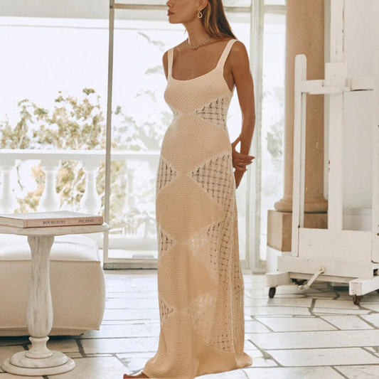 Women's Maxi Dress - Crocheted Design - Long Airy Fit - Square Neckline