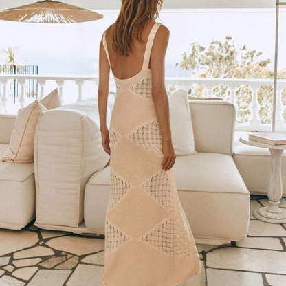 Women's Maxi Dress - Crocheted Design - Long Airy Fit - Square Neckline