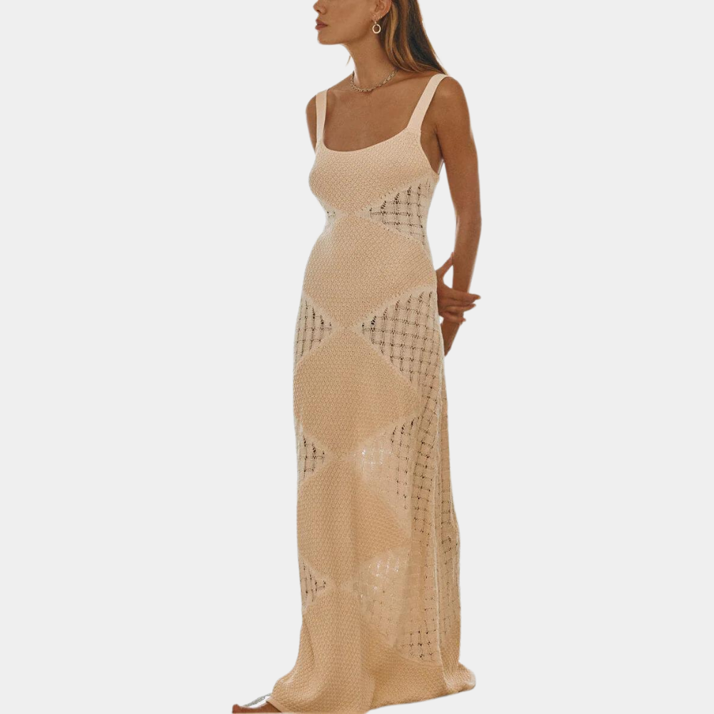 Women's Maxi Dress - Crocheted Design - Long Airy Fit - Square Neckline