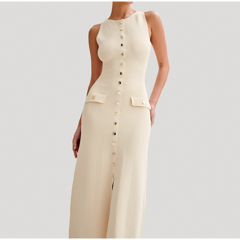 Women's Maxi Dress - Sleeveless Rib Knit - Button Details & Decorative Pockets