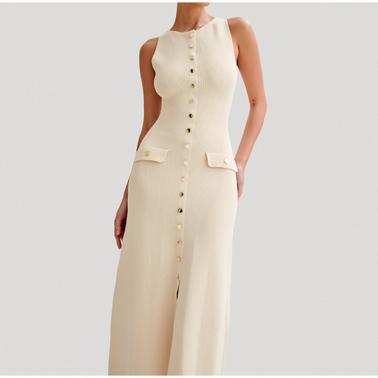 Women's Maxi Dress - Sleeveless Rib Knit - Button Details & Decorative Pockets
