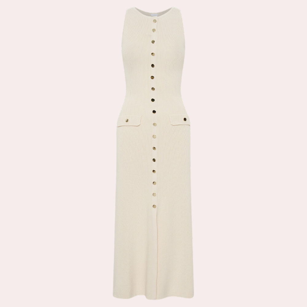Women's Maxi Dress - Sleeveless Rib Knit - Button Details & Decorative Pockets