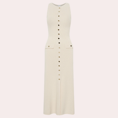 Women's Maxi Dress - Sleeveless Rib Knit - Button Details & Decorative Pockets