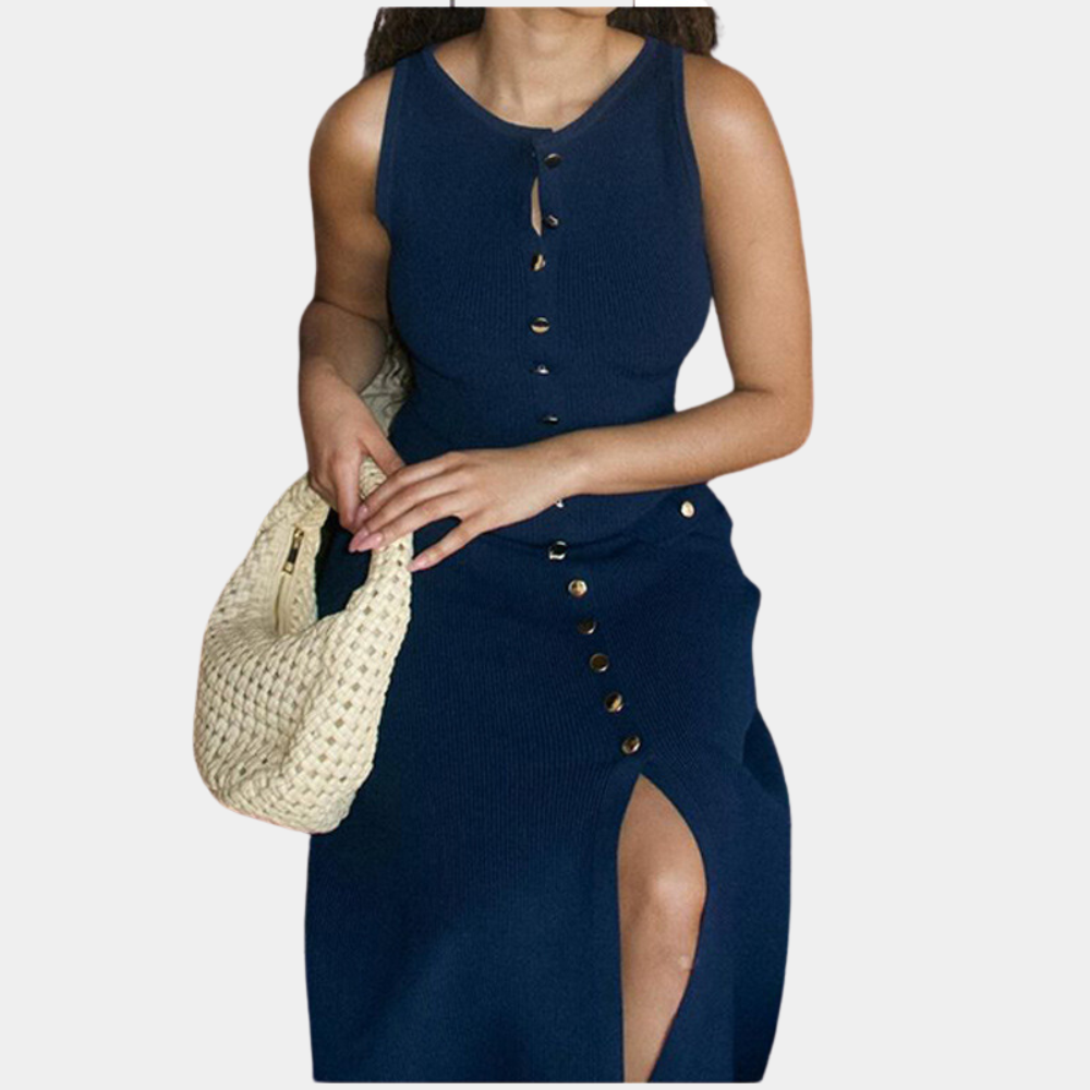 Women's Maxi Dress - Sleeveless Rib Knit - Button Details & Decorative Pockets