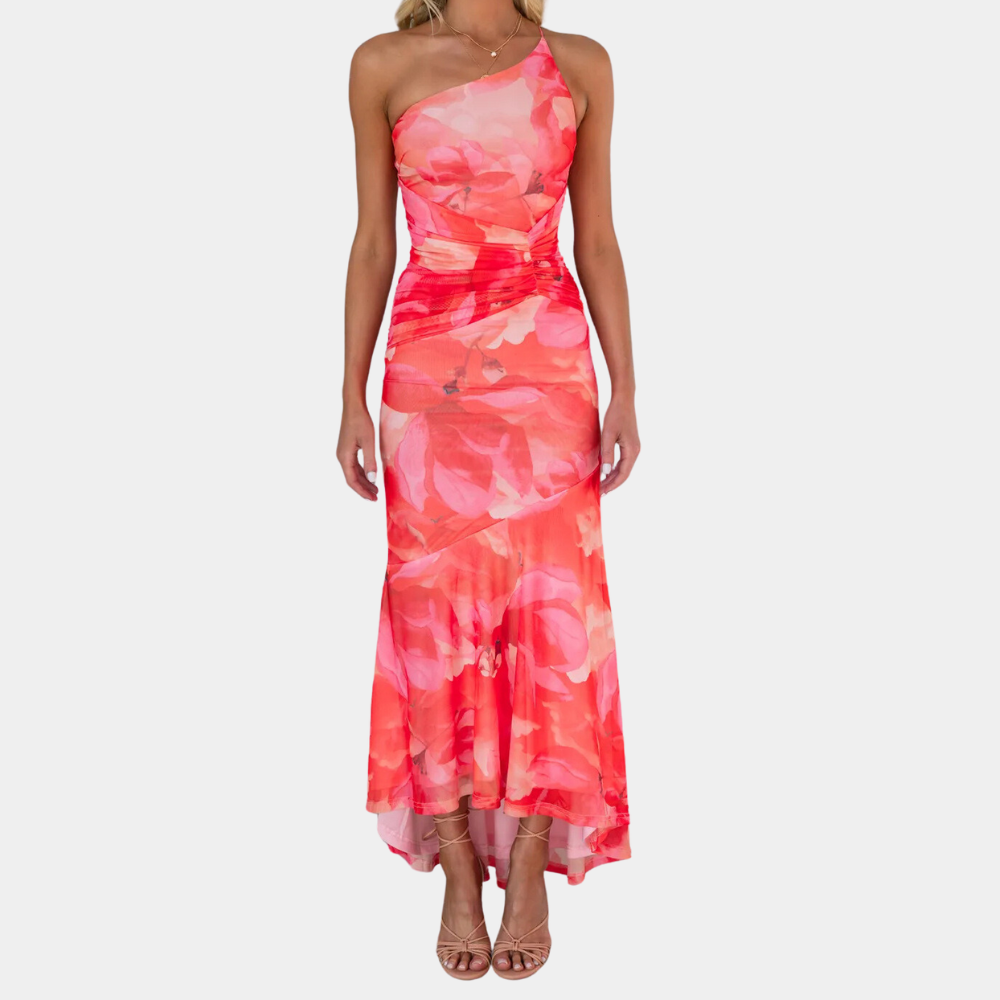 Women's Maxi Dress - One Shoulder - Elegant Asymmetric Design - Floral Pattern - Party Look