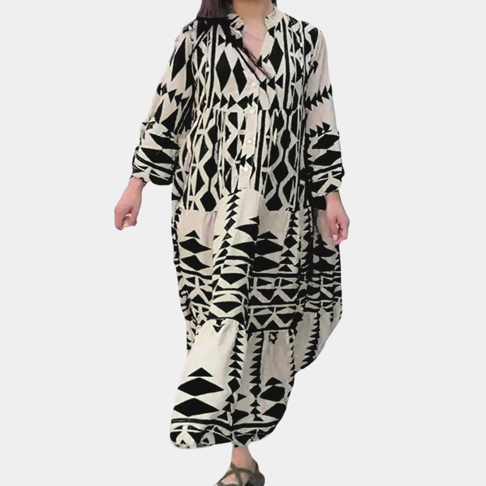 Women's Maxi Dress - Long-Sleeved Loose Fit - V-Neck & Button Closure - Boho Pattern