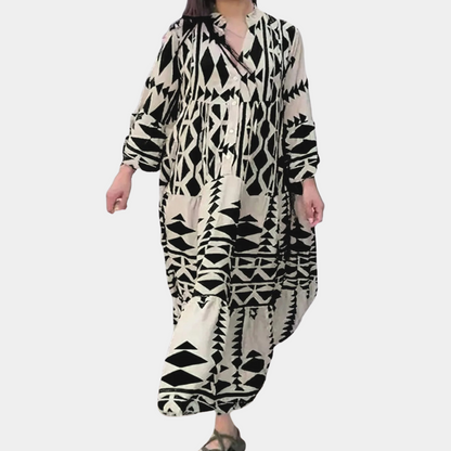 Women's Maxi Dress - Long-Sleeved Loose Fit - V-Neck & Button Closure - Boho Pattern