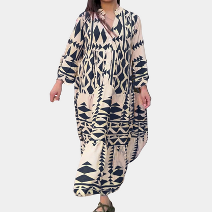 Women's Maxi Dress - Long-Sleeved Loose Fit - V-Neck & Button Closure - Boho Pattern
