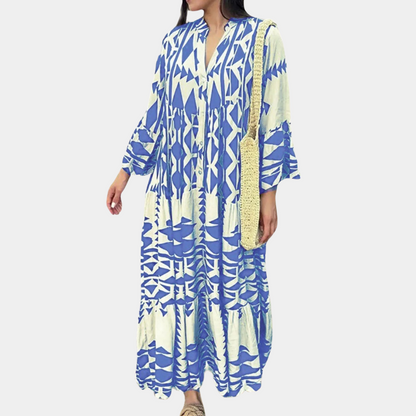 Women's Maxi Dress - Long-Sleeved Loose Fit - V-Neck & Button Closure - Boho Pattern