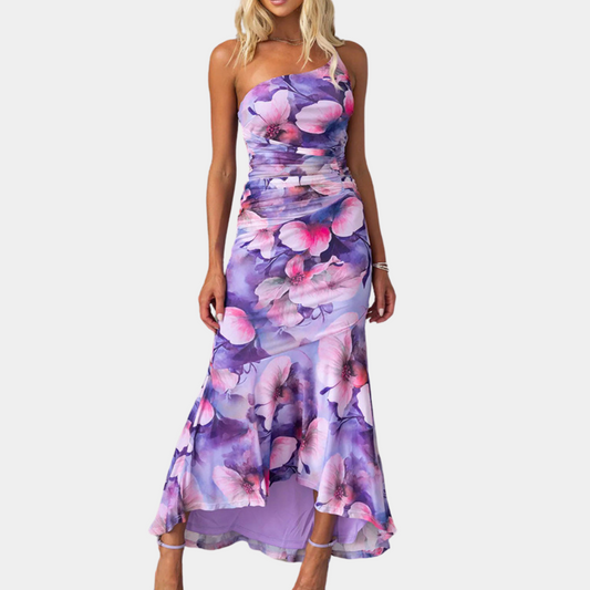 Women's Maxi Dress - One Shoulder - Elegant Asymmetric Design - Floral Pattern - Party Look