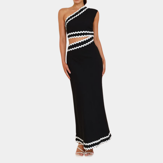 Women's Maxi Dress – Asymmetric One-Shoulder – Embellished With Contrast Trim – Elegant Cut