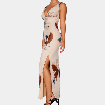 Women's Maxi Dress - Sleeveless V-neck - Floral Pattern - Elegant and Light Design