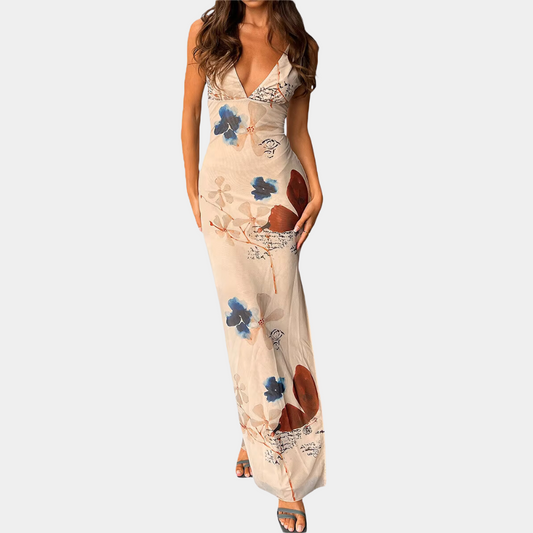 Women's Maxi Dress - Sleeveless V-neck - Floral Pattern - Elegant and Light Design