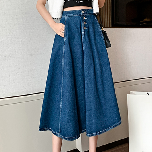 Women's Denim Skirt - Ankle-Length A-Line - High Waist - Button Closure - Structured Cut