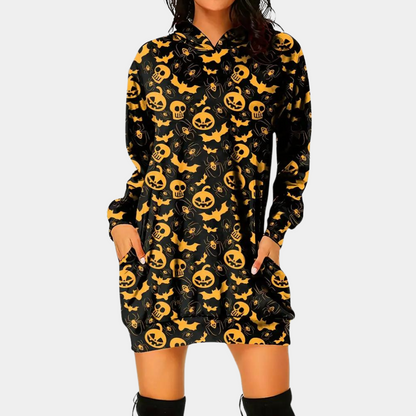 Women's Hoodie Dress - Long-Sleeved - Relaxed Fit - With Pockets