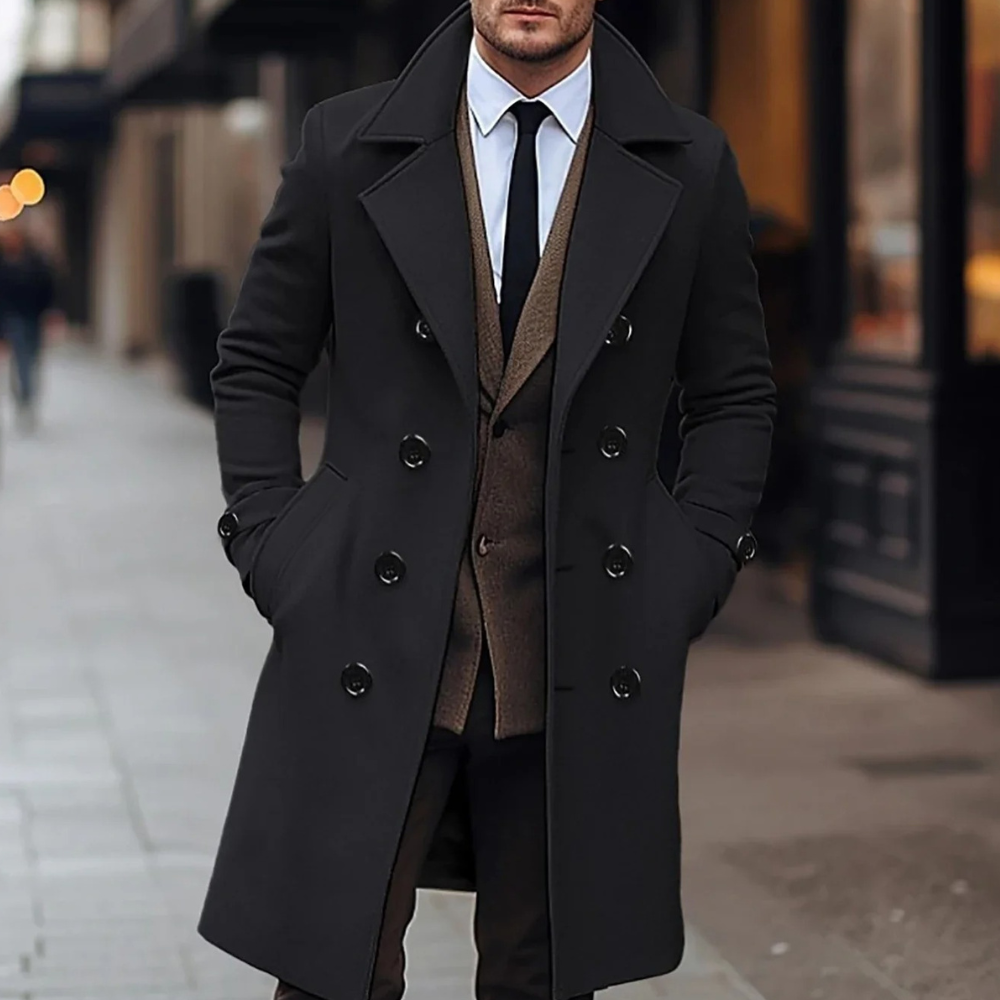 Men's Coat – Tailored Fit – Wool – Double Breasted – Knee Length Formal Cut