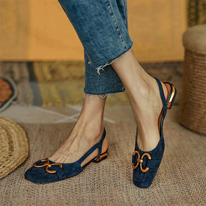 Women's Slingback Flats - Suede - Square Toe - Metallic Detail - Comfortable