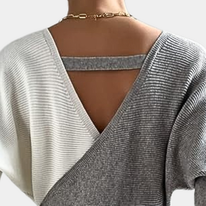 Women's Knitted Bodycon Dress – V-neck – Long-sleeved – Chain Detail at the Waist