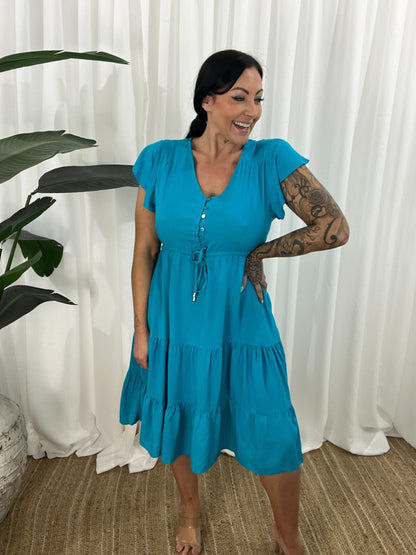 Women's Dress - V-neck - Button Closure - Adjustable Waist - Short Sleeves - Loose Fit