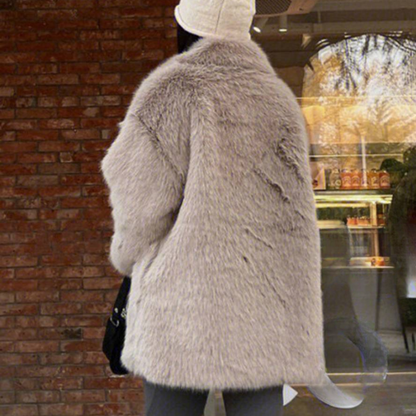 Women’s Coat - Faux Fur - Notched Lapel Collar - Belted Waist - Mid-Thigh Length