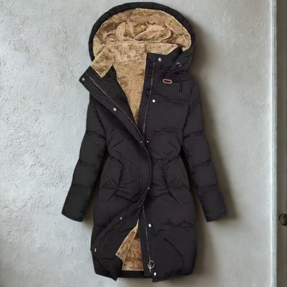 Women’s Coat - Insulated Padded Fill - Quilted Design - Plush Lined Hood - Adjustable Waist