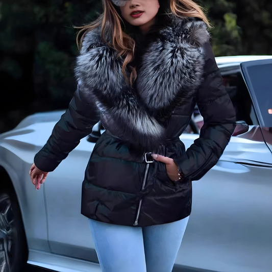 Women’s Jacket - Quilted Woven - Oversized Faux Fur Collar - Belted Waist