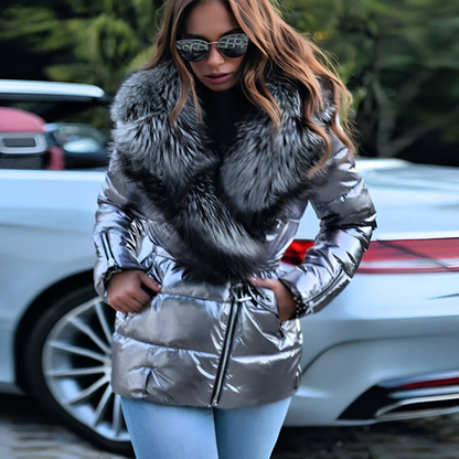Women’s Jacket - Quilted Woven - Oversized Faux Fur Collar - Belted Waist