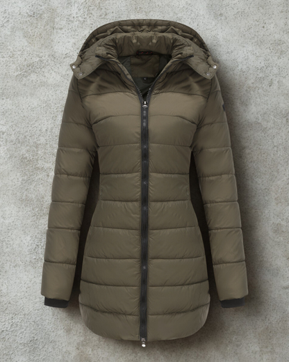 Women’s Coat - Synthetic Blend - Mid-Thigh Length - Attached Hood