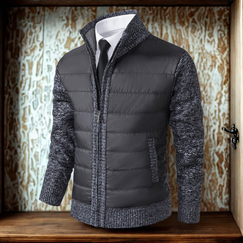 Men’s Hybrid Cardigan Jacket - Quilted Front - Ribbed Stand Collar