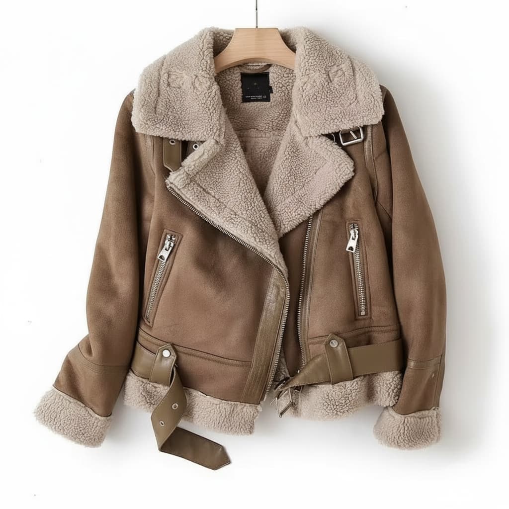 Amelia Regular Fit Shearling Jacket | Shearling Trim Belted Jacket