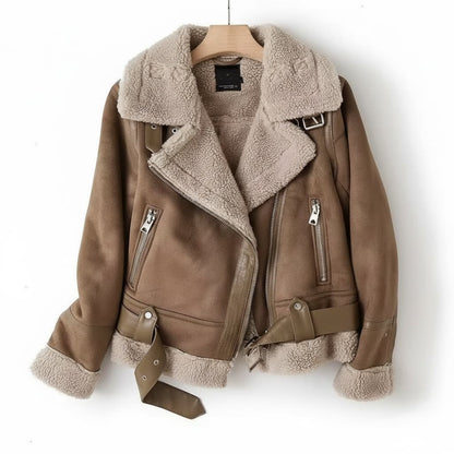 Amelia Regular Fit Shearling Jacket | Shearling Trim Belted Jacket