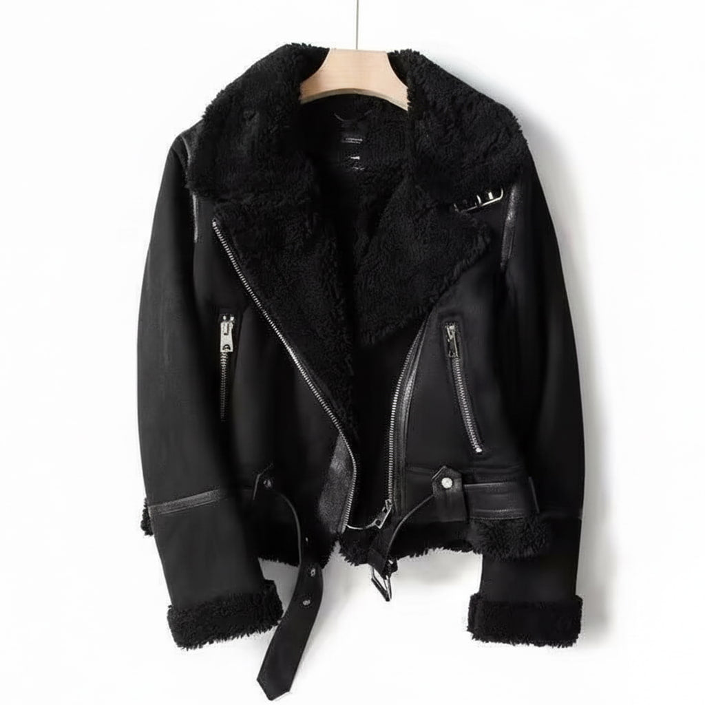 Amelia Regular Fit Shearling Jacket | Shearling Trim Belted Jacket