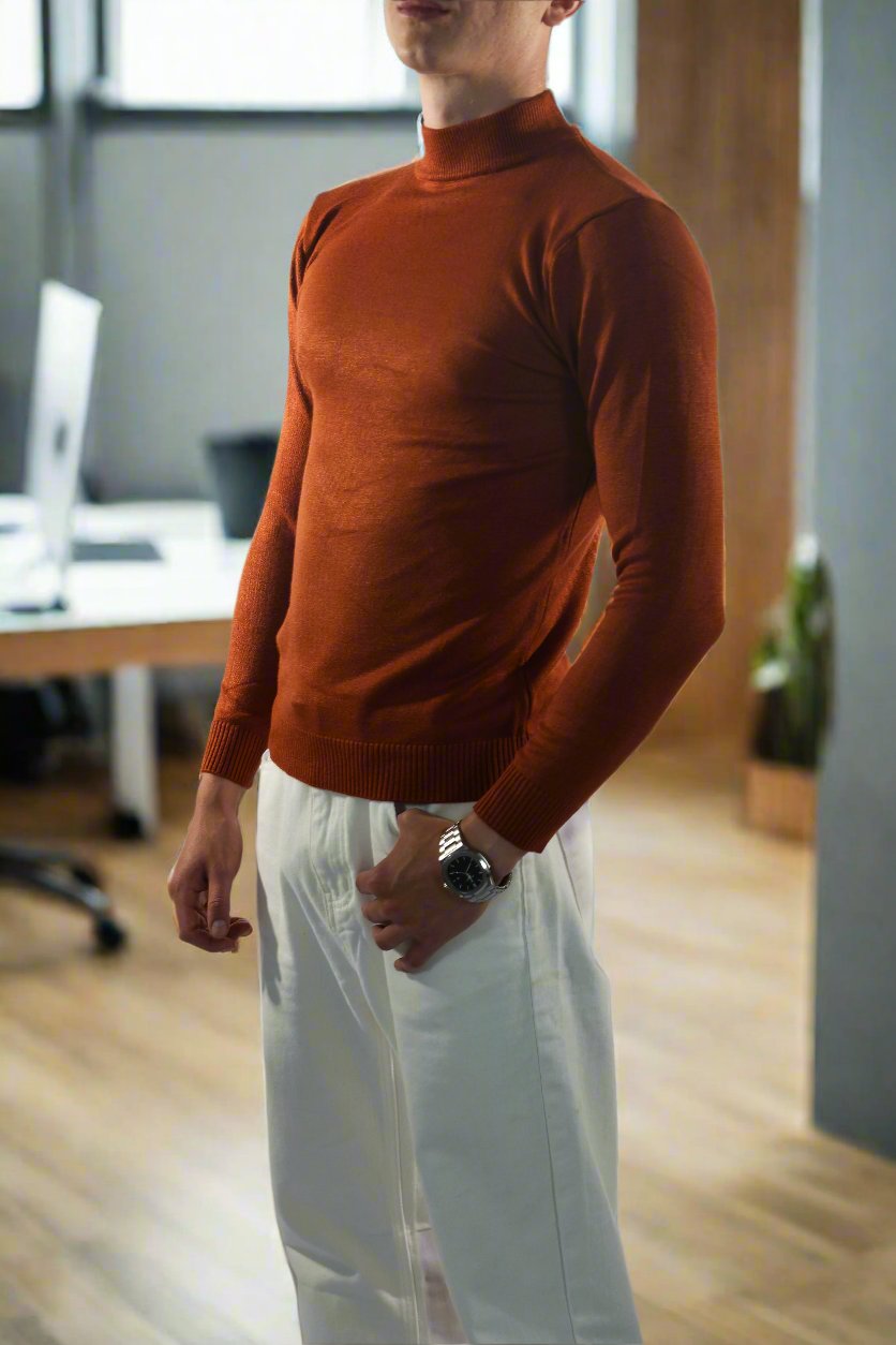 Herresweater - Slim Fit - Mock Neck - Let Strik med Ribkanter