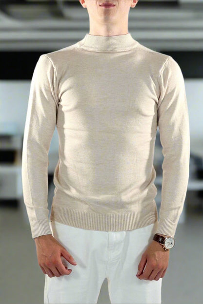Herresweater - Slim Fit - Mock Neck - Let Strik med Ribkanter