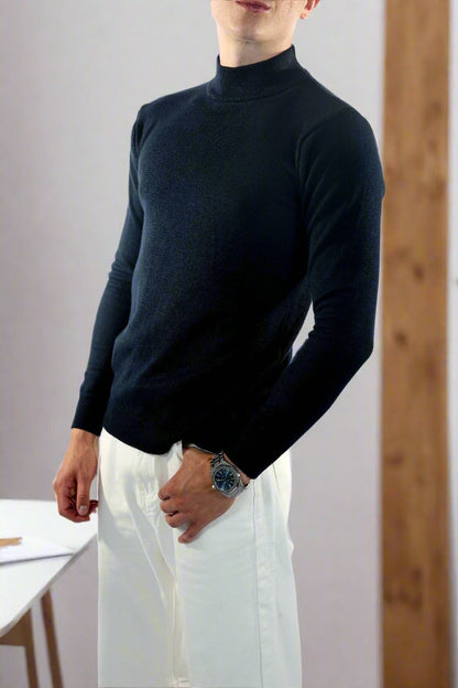 Herresweater - Slim Fit - Mock Neck - Let Strik med Ribkanter