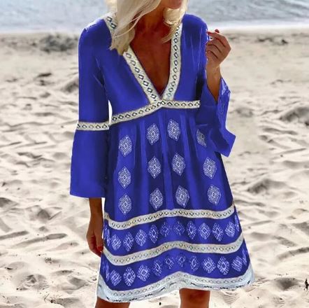 Dress for Women – Knee-Length – Casual A-Line – Batwing Sleeves – V-Neck – Light and Breathable