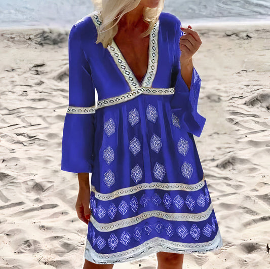Women's Beach Dress - Loose Fit - V-Neck with Pattern - Ruffle Sleeves Bohemian Style