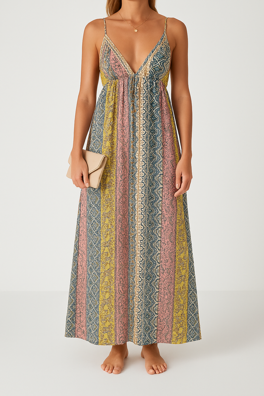 Women's Maxi Dress – Lightweight Woven Fabric – Relaxed Fit – V-Neck – Open Back – Print Design