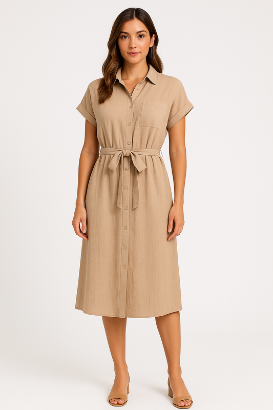 Women's Shirt Dress – Lightweight Cotton Blend – Tie Belt – Midi – Short Sleeves – Relaxed Fit