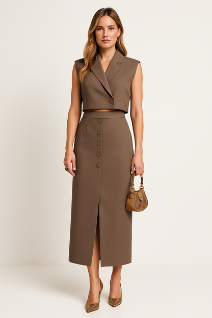 Dame Sæt – Skræddersyet Pasform – Ærmeløs Crop Top med Revers – Slids Midi Nederdel