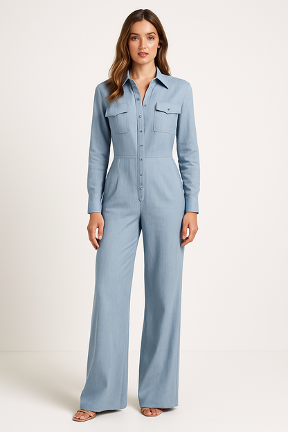 Women's Jumpsuit – Cotton Blend – Tailored Top – Wide Legs – Button Closure