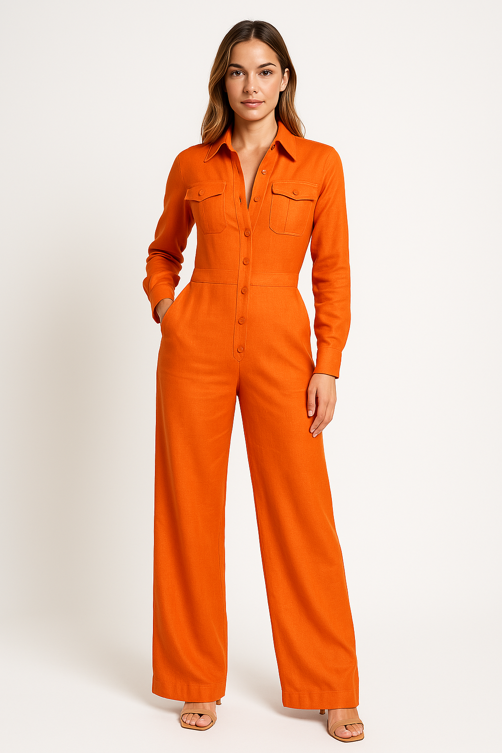 Women's Jumpsuit – Cotton Blend – Tailored Top – Wide Legs – Button Closure
