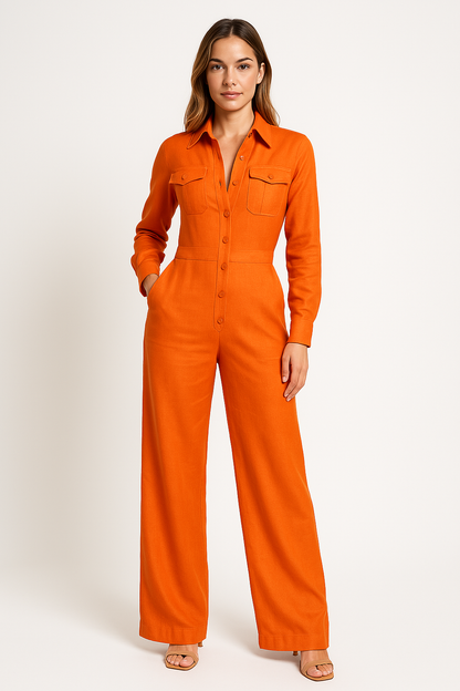 Women's Jumpsuit – Cotton Blend – Tailored Top – Wide Legs – Button Closure