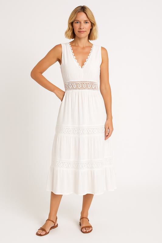 Women's Midi Dress – Sleeveless Fit-and-Flare – Lace – Deep V-Neckline
