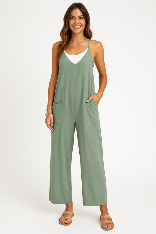 Women's Jumpsuit – Relaxed Fit – Wide Legs – Sleeveless – Lightweight and Breathable – V-neck