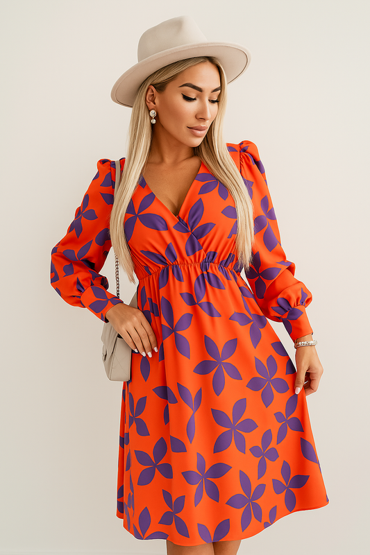 Women's Midi Dress – A-line Cut – V-neck – Floral Print – Long Puff Sleeves