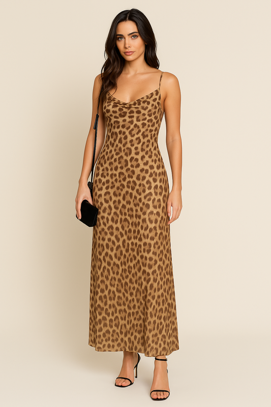 Women's Slip Dress – Slim Fit – Satin Look – Open Back – Spaghetti Straps – Leopard Print